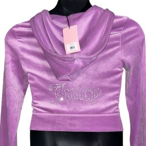JUICY COUTURE VIOLET TULLE PURPLE RHINESTONE VELOUR ZIP UP CROPPED HOODIE NWT